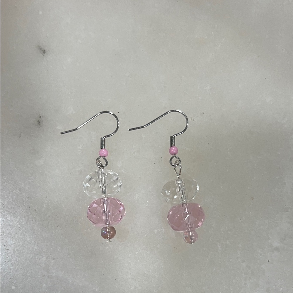Coquette Girl Trendy Crystal Pink Clear Dangle Earrings Romantic